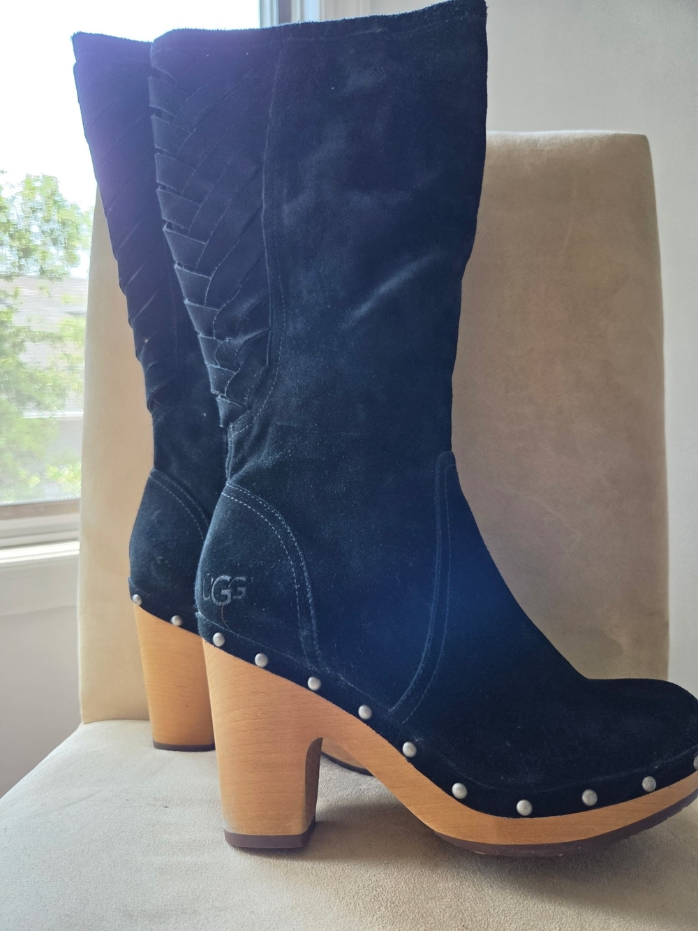 UGG Black Suede Studded Wooden Platform Heel Boots